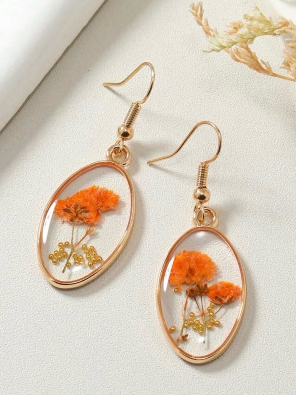Gold-Frame Orange Floral Resin Drop Earrings - Women Jewelry